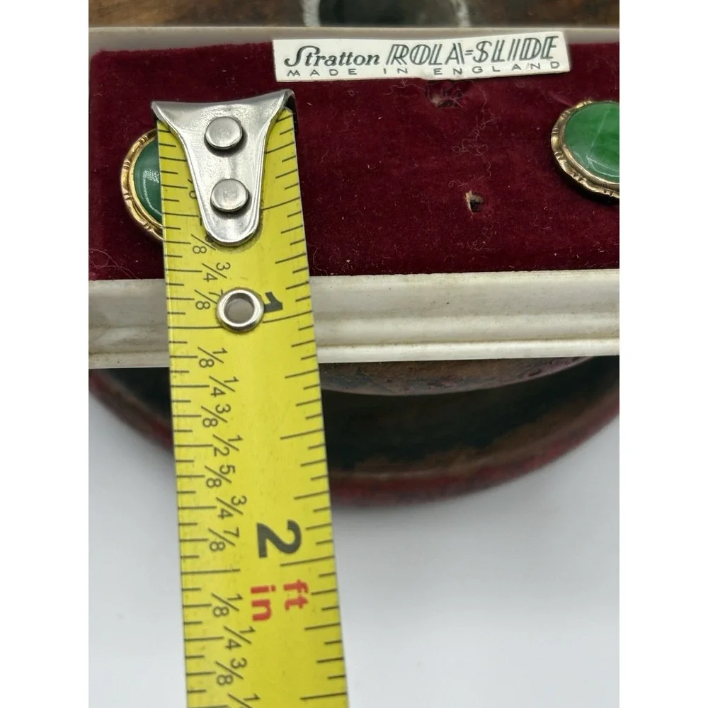 Antique Stratton Rolla Slide Cuff Links Green Faux Jade Cabachon MCM England Box